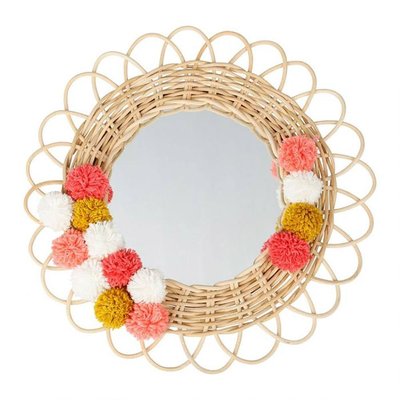 Miroir rond rotin pompons naturel D37 DECORATIE