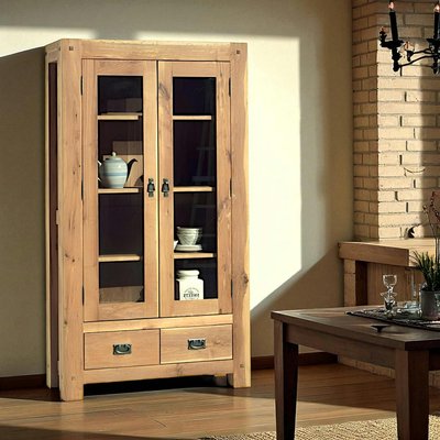 Vaisselier vitrine style chalet en bois de chêne massif 2 portes 2 tiroirs 100x180cm FJORD PIER IMPORT