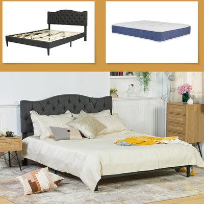 Lit double capitonné avec matelas h22cm sans rangement,LEON06MAT MEUBLES COSY