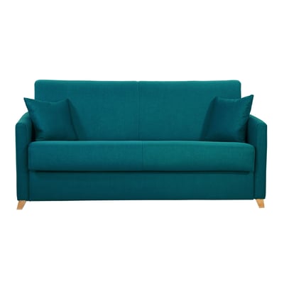 Canapé convertible 3 places en tissu chenille vert foncé et bois clair avec matelas 18 cm SKANDY MILIBOO