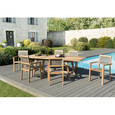 Salon de jardin bois de teck table de jardin extensible 180/240x100cm + 6 fauteuils empilables textilène SUMMER PIER IMPORT