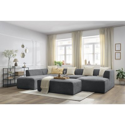 Canapé panoramique fixe 6 places en tissu texturé avec pouf, MEGEVE BOBOCHIC