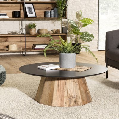 Table basse ronde 90cm en bois recyclé plateau bois noir style design CRACOVIE PIER IMPORT
