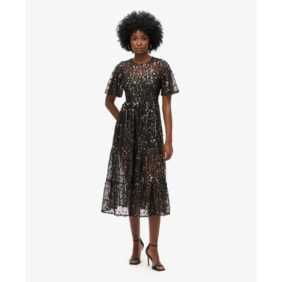 Robe mi-longue en maille filet à volants Volume SUPERDRY
