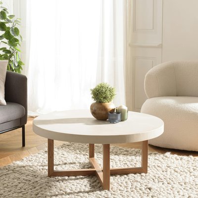 Table basse ronde béton beige pieds bois croisés DIKA PIER IMPORT