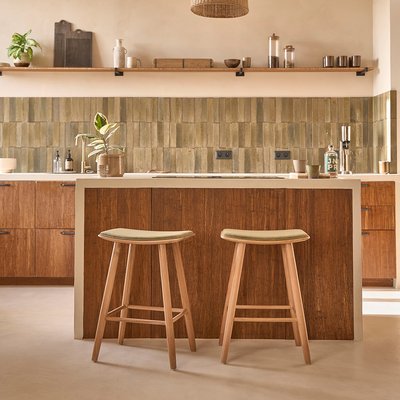 Lot de 2 tabourets en teck massif assise velours côtelé 65 cm   AMBRE BERAH GETAH