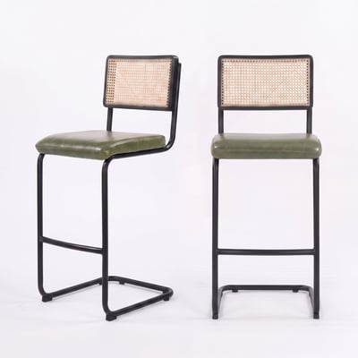 Lot de 2 chaises de bar 76 cm en cannage et cuir - LÉANDRE MAISON PAVANE