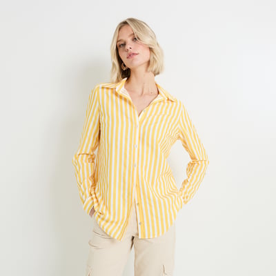 Chemise Courte Rayée Femme Grain De Malice - Col Chemise, Manches Longues, Bas élastiqué