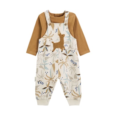 Ensemble Salopette Bébé En Molleton + T-shirt Camel - Marque Petit Béguin - Patch Lama - Taille 0-24 Mois