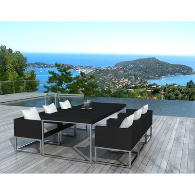 Ensemble de Repas 200cm ANGEL 7 pièces encastrables en résine tressée noire et coussins tissu blanc écru PIER IMPORT