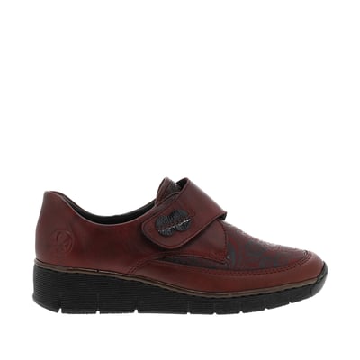 Mocassins en cuir bordeaux à semelle semi-compensé et talon plat avec fleurs noires imprimées RIEKER