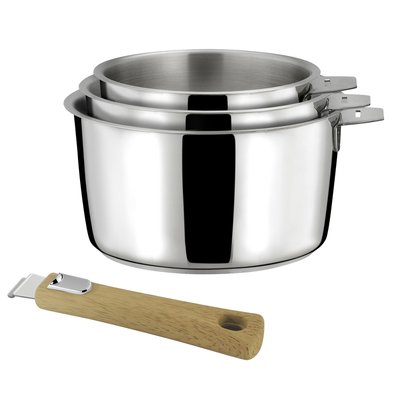 Série de 3 casseroles 16/18/20cm inox avec poignée effet bois clair - MALICE CUISINOX