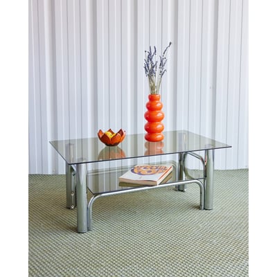 Table basse double plateau en verre fumé Donna N°1105 - Bon état DEBONGOUT
