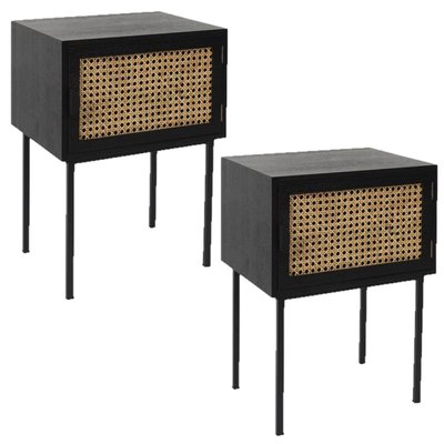 Lot de 2 Tables de chevet en cannage 1 porte en Bois et métal TOILINUX
