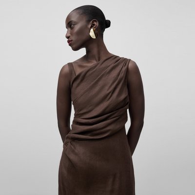 Robe midi drapée en lin mélangé ADOLFO DOMINGUEZ