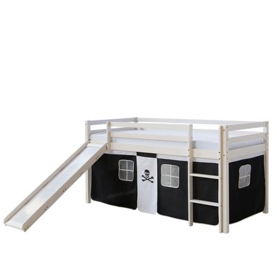 Lit Simple Blanc 90x200 en hauteur avec echelle et rideau Foncé et toboggan HOMESTYLE4U