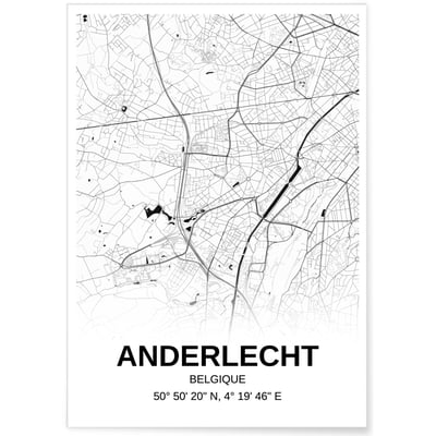 Affiche carte Anderlecht - rectangle Noir et Blanc L'AFFICHERIE
