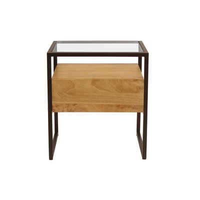 Table de chevet avec tiroir en bois manguier massif, verre et métal noir L50 cm DIYA MILIBOO