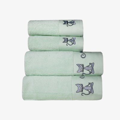 Ensemble de bain brodé 4 pièces YOGI CAT (2 draps de bain + 2 serviettes de toilette) SENSEI MAISON