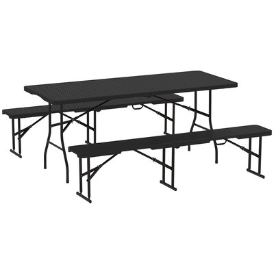 Ensemble table 2 bancs pliables avec poignées métal époxy HDPE effet rotin noir OUTSUNNY