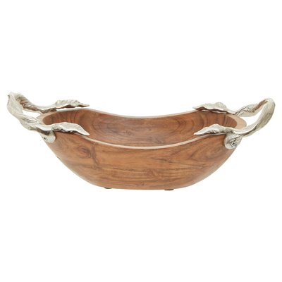 Medium Acacia Wood Oval Bowl with Aluminium Leaf Handle SO'HOME