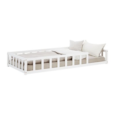 Lit Montessori 90x200 cm en bois blanc avec matelas et barrières HOMESTYLE4U