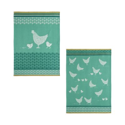 Lot de 2 torchons imprimées en jacquard de coton, COCOTTE ET POULETTES COUCKE