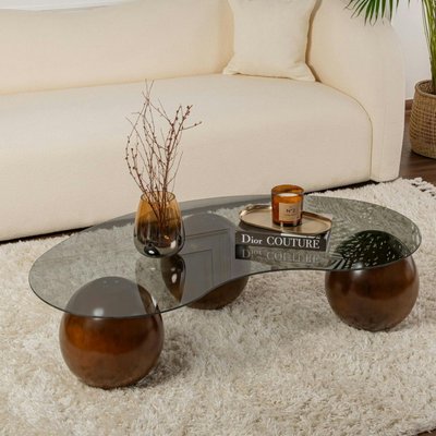 Table basse verre fumé design – 3 pieds boules marrons KOCHI PIER IMPORT