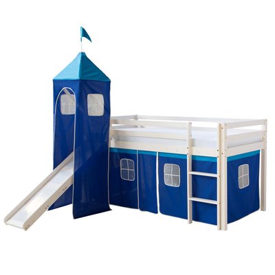 Lit Simple Blanc 90x200 en hauteur avec echelle Rideau et Tour Bleu et Toboggan HOMESTYLE4U