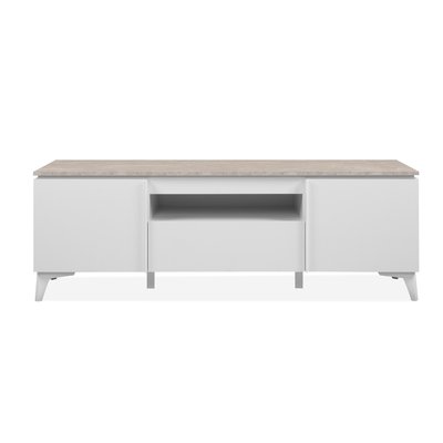 Meuble TV 2 portes, 1 tiroir et 1 niche décor travertin et blanc L150cm - BERTRIX CALICOSY