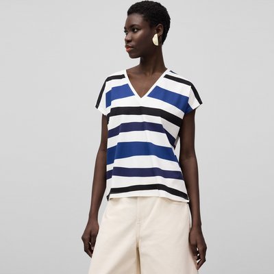 T-shirt à col en V et rayures en coton femme ADOLFO DOMINGUEZ