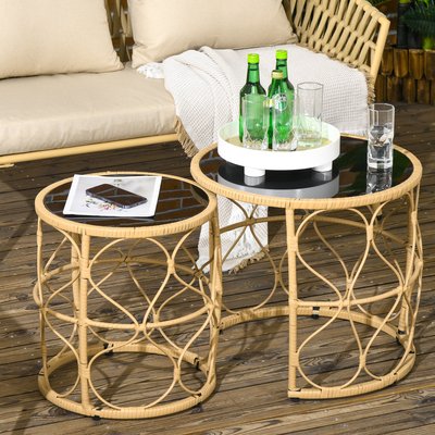 Lot de 2 tables basses gigognes de jardin résine tressée beige verre noir OUTSUNNY
