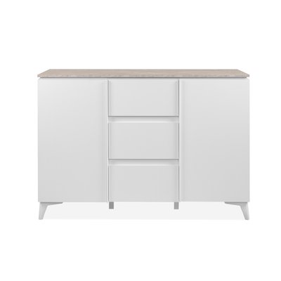 Commode 2 portes et 3 tiroirs décor travertin et blanc L133cm - BERTRIX CALICOSY