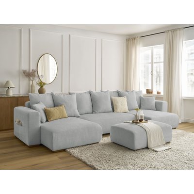 Canapé panoramique convertible 5 places en tissu chiné avec pouf, SIDONIE BOBOCHIC