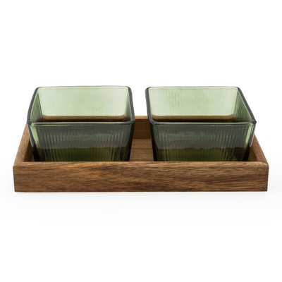 Set of 2 Square Glass Bowls & Acacia Wood Tray Set SO'HOME