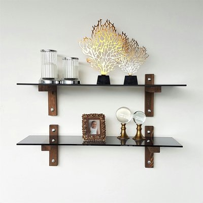 Étagère murale en verre fumé - supports bois foncé (lot de 2) LHASA PIER IMPORT
