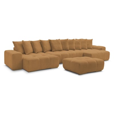 Canapé panoramique convertible 7 places en tissu bouclette avec pouf, ANAKIN BOBOCHIC