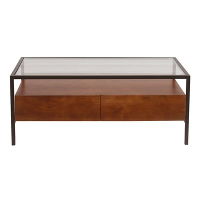 Table basse rectangulaire avec rangements en bois foncé manguier massif, verre et métal noir L100 cm SITA MILIBOO