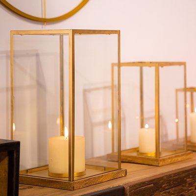 Photophore métal socle en bois 40x22 cm KANDAVA GOLD SENSEI MAISON