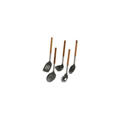 Set de 5 Ustensiles de Cuisine Manche en Bois et Polypropylène Noir WADIGA