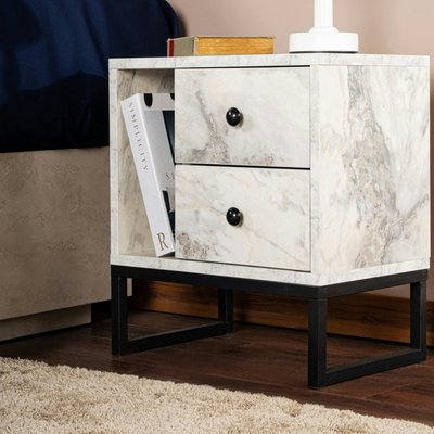 Table de nuit 2 tiroirs 1 niche, effet marbre blanc JENA PIER IMPORT