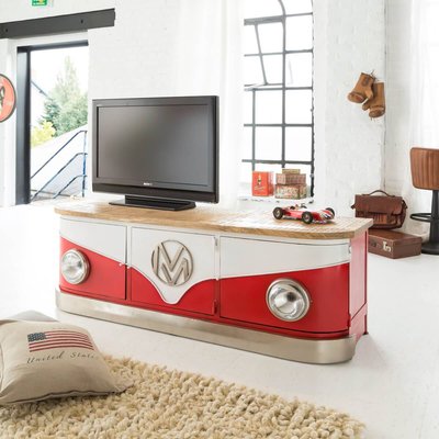 Meuble TV rouge avec plateau en bois de manguier  COMBI MADE IN MEUBLES 