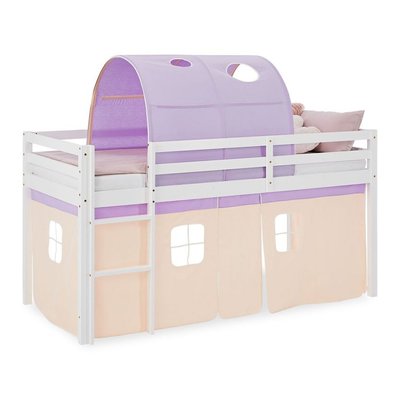 Lit mi-hauteur 90x200 cm en pin massif avec tunnel et rideau violet HOMESTYLE4U