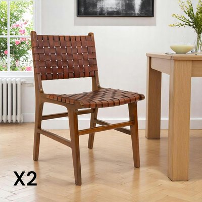 Chaise en bois et cuir tressé marron (lot de 2) MENDOZA PIER IMPORT