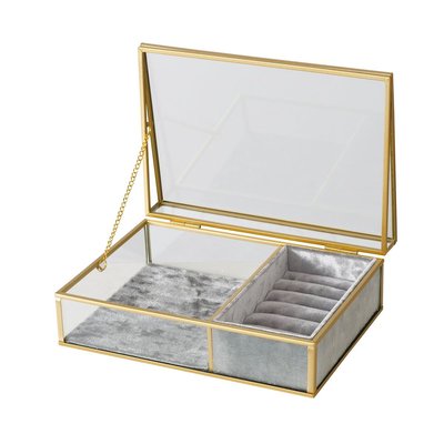 Boîte à bijoux en métal doré, verre et velours gris 23x16x8cm WADIGA