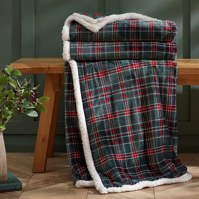 Tartan Sherpa Check Cosy Fleece Blanket Throw CATHERINE LANSFIELD