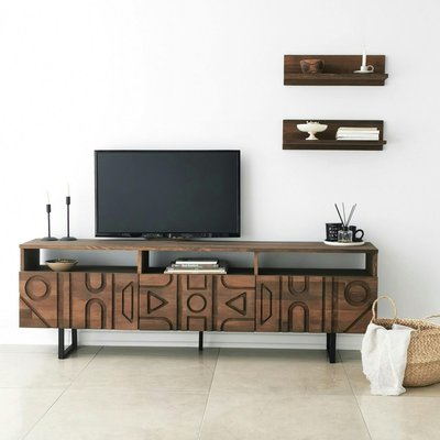 Meuble TV bois brun motif graphique avec 2 étagères JACA PIER IMPORT