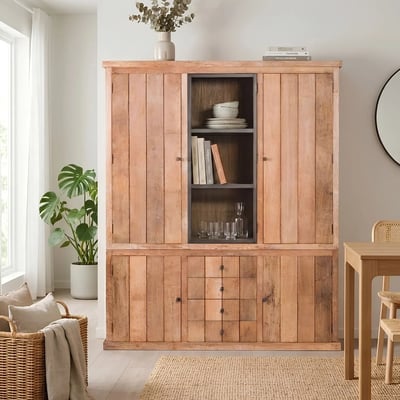 Buffet vaisselier en bois recyclé 3 portes 4 tiroirs éclairage LED - LINAS HELLIN, DEPUIS 1862