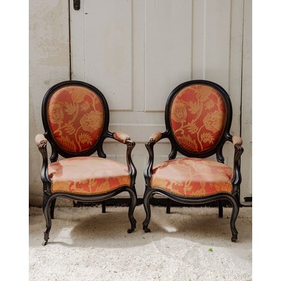 Paire de fauteuils Napoléon III en bois et tissu Ernest N°972 - Bon état DEBONGOUT