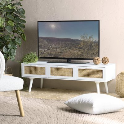 Meuble TV scandinave bois blanc 3 tiroirs rotin CALVIA PIER IMPORT